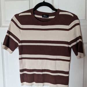 Milly & Honey Striped Ribbed Short Sleeve Top - Brown & Cream